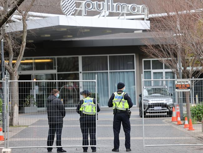 Police stand guard outside the Pullman medi-hotel on Wednesday.. Picture: NCA NewsWire / David Mariuz