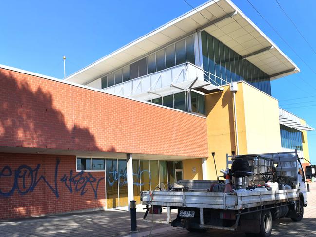 Graffitti photographed on the Christies Beach Magistrates Court House building and Police Station, Christie Downs, Adelaide on Sunday 1st September 2019. A man has been detained after spraying multiple graffiti tags on a police station and courthouse.  (AAP Image/Keryn Stevens)