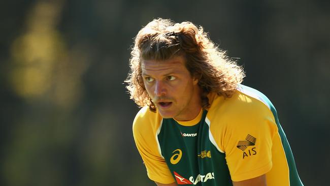 Nick Cummins participates in an Australian sevens training session at the Sydney Academy of Sport.