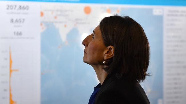 Premier Gladys Berejiklian during a visit to the RFS command centre, now an all of government command and logistics headquarters for dealing with the Coronavirus. Picture: AAP.