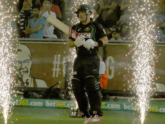 Captain Aaron Finch managed to dodge the pyrotechnics this time. Picture: Wayne Ludbey.