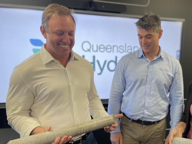 Queensland premier Steven Miles, Queensland Hydro executive manager Chris Evans, and Labour candidate for Mackay Belinda Hassan with granite samples from the site of the Pioneer Valley Burdekin pumped hydro scheme on august 9, 2024 in Mackay. Photo: Zoe Devenport