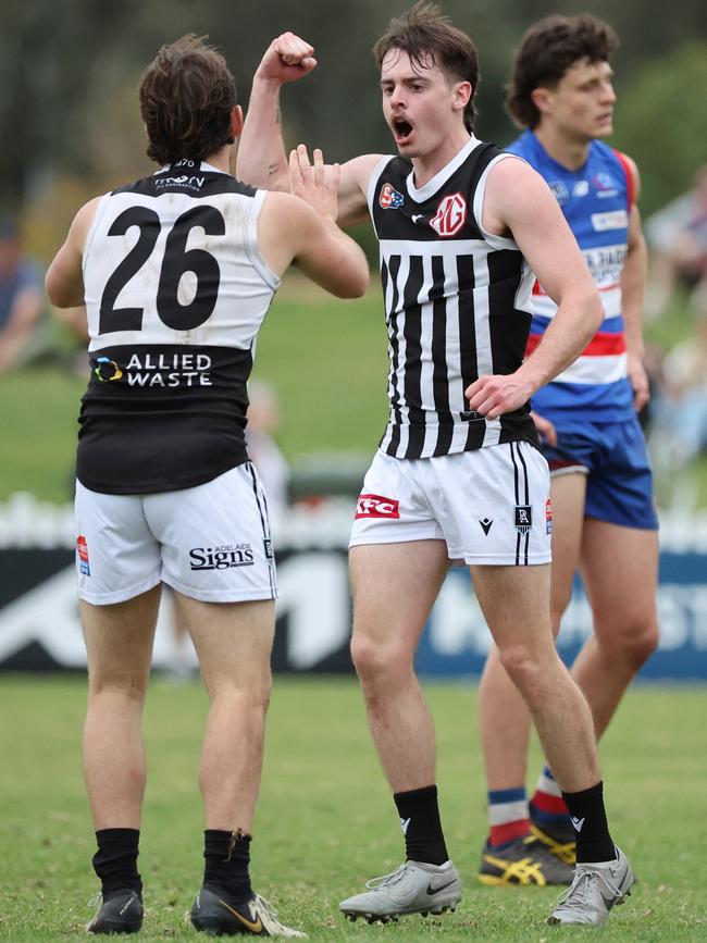 Port Adelaide’s Bailey Chamberlain celebrates a goal for the Magpies in their SANFL clash against Central District at Elizabeth Oval last Saturday, which ended with them winning their first wooden spoon since 1900. Picture: David Mariuz/SANFL