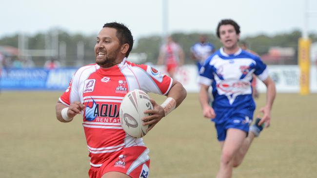 Norths Aaron Barba could afford a smile after he scored the first try after running the length of the field against Moranbah. Photo Tony Martin / Daily Mercury