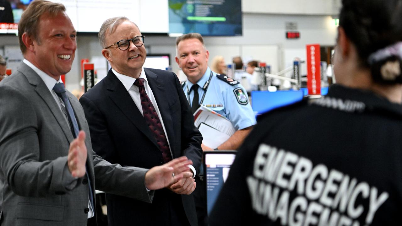 Prime Minister Anthony Albanese and Queensland Premier Steven Miles (far left) at the Kedron Emergency Centre for a crisis meeting relating to Cyclone Jasper. Picture: Dan Peled / NCA NewsWire