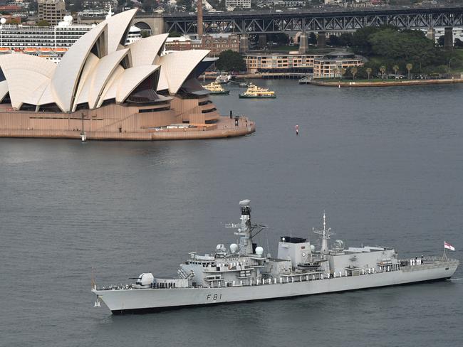 British Royal Navy Type 23 frigate HMS Sutherland arriving in Sydney on Friday, March 9. It is expected to pass through the South China Sea in coming days. Picture: AAP