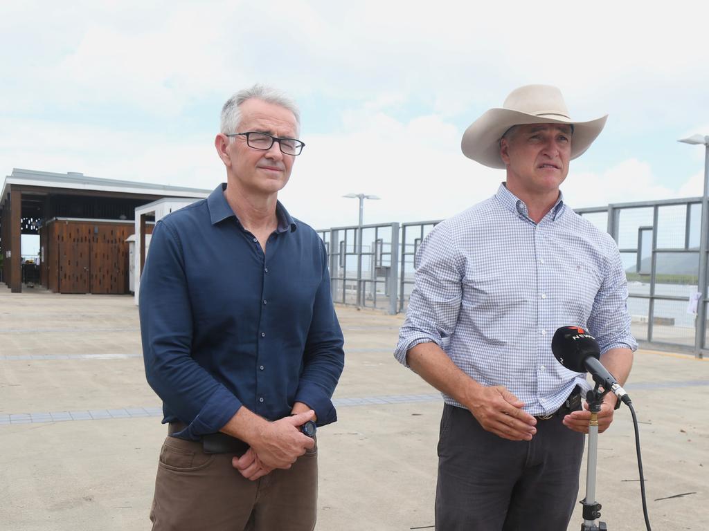 Senator Gerard Rennick and Katter’s Australian Party leader Robbie Katter in Cairns for a cost of living tour. Picture: Peter Carruthers