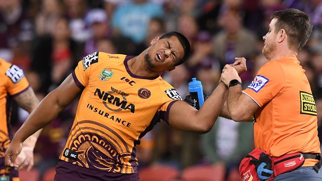 Payne Haas dislocated his shoulder against the Sea Eagles last weekend. Picture: AAP Image/Dave Hunt