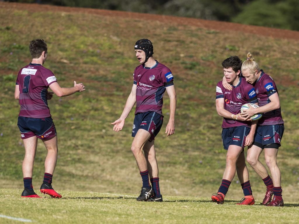 Toowoomba Bears celebrate a Declan Pickard (second, from right) try against USQ in Downs Rugby Risdon Cup round 11 rugby union at USQ, Saturday, June 19, 2021. Picture: Kevin Farmer