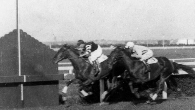 Phar Lap, ridden by Jack Baker, beats Pure Tea in the Rosehill Maiden Juvenile Handicap at Rosehill in 1929.