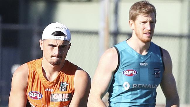 Sam Powell-Pepper and Matthew Lobbe at Port training.  Picture Sarah Reed