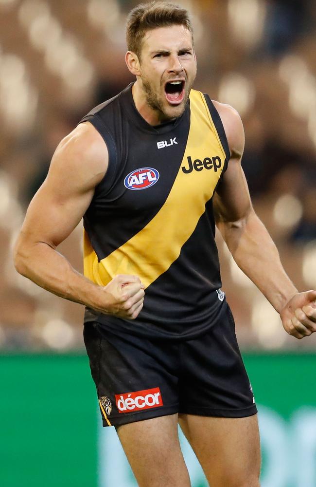 Shaun Hampson of the Tigers celebrates a goal during the 2016 AFL Round 12 match between the Richmond Tigers and the Gold Coast Suns at the Melbourne Cricket Ground on June 12, 2016 in Melbourne, Australia.