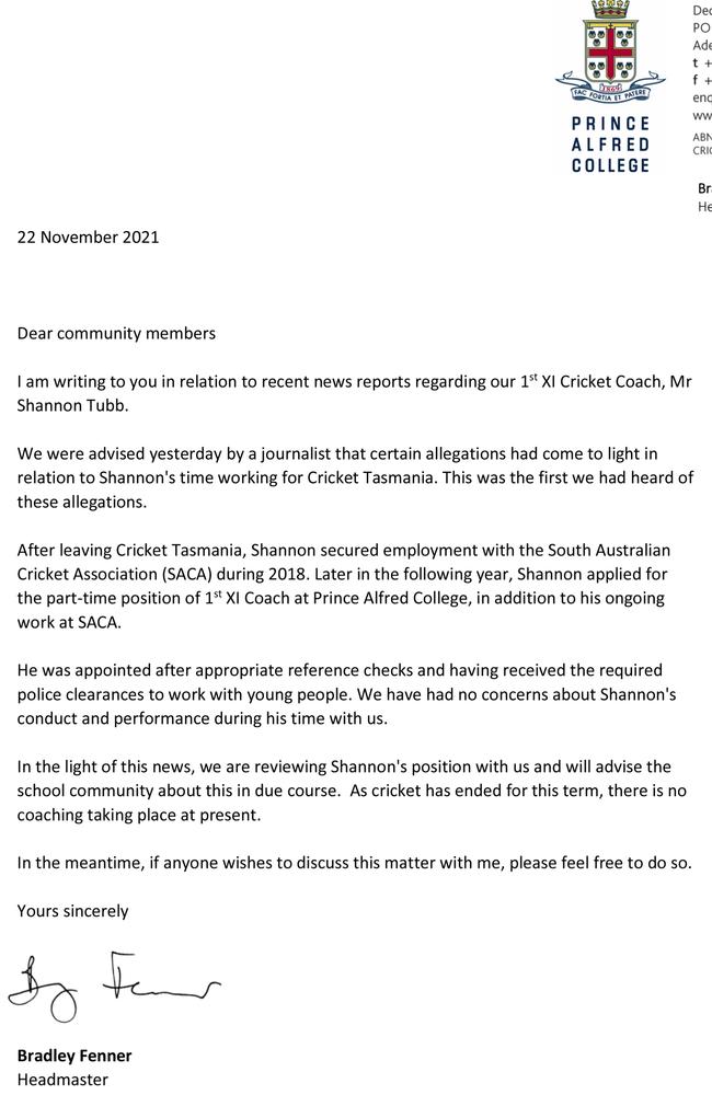 A letter issued by Prince Alfred College headmaster Bradley Fenner.