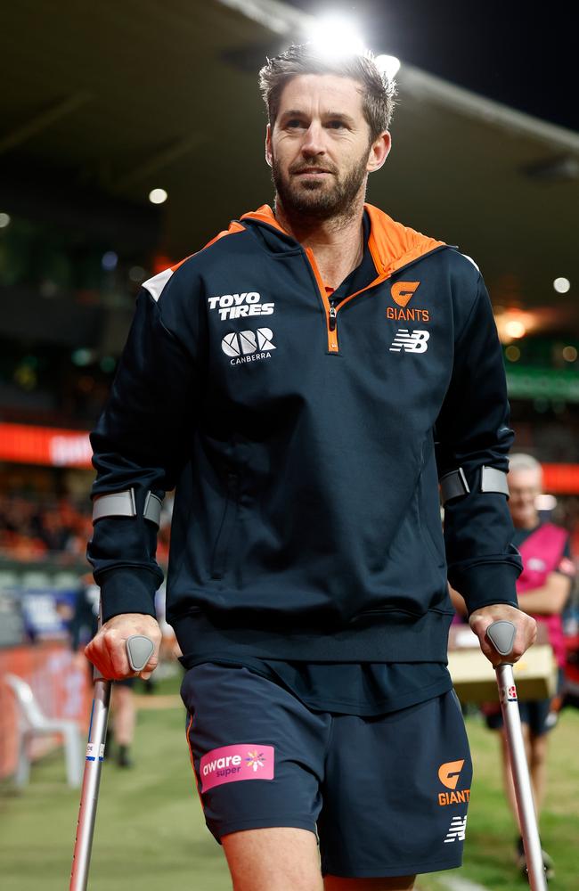 Callan Ward on crutches after being subbed out on Saturday.