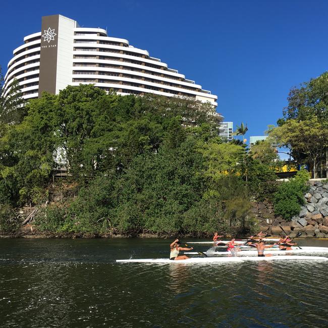 Women's kayaking training group paddling past the Gold Coast casino. Picture: SUPPLIED