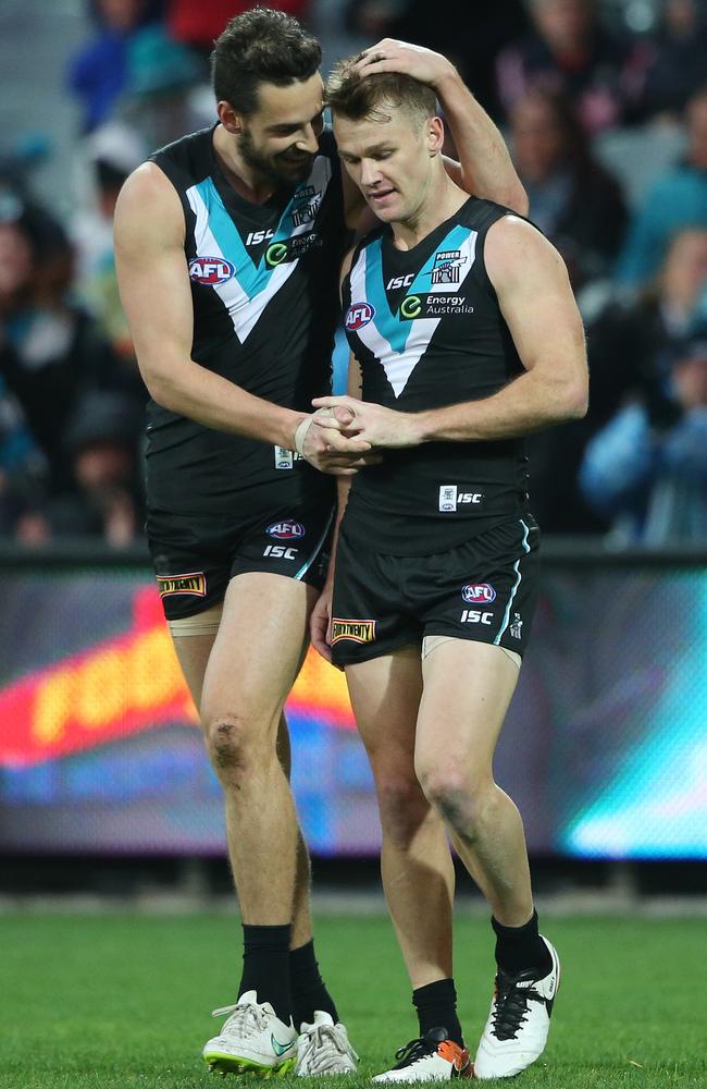 Port’s last loss to Sydney in 2016 was John Butcher’s (left) final AFL game. Robbie Gray retired at the end of 2022 after 270 games. Picture: AAP Image/Ben MacMahon