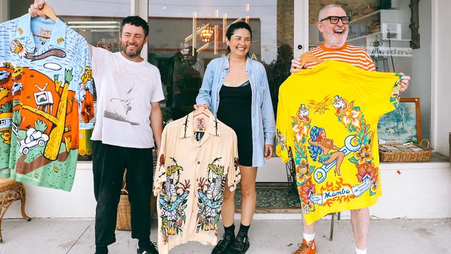 Heath Crawley (left), April Xing and Malcolm Hill for the sale of Mambo shirt collection at Tiki La La, clothes store, in June 2024