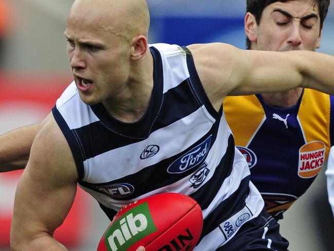 Geelong v West Coast Eagles. Skilled Stadium. Gary Ablett Jr breaks away from the pack to kick a goal