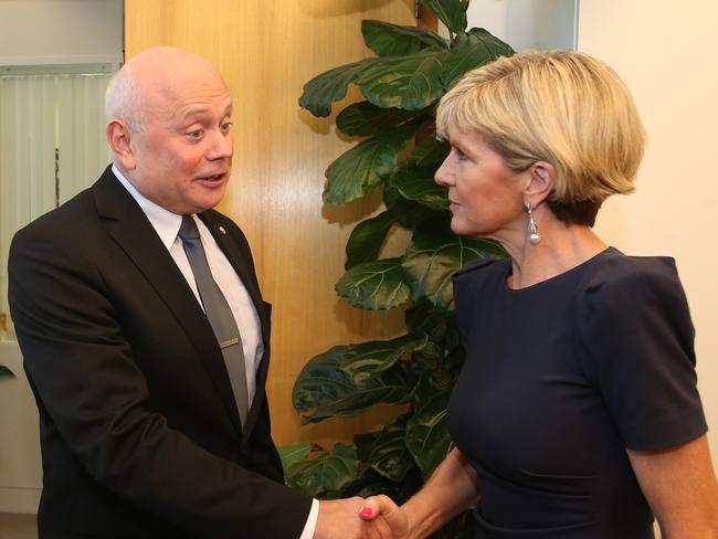 Russian Ambassador Grigory Logvinov with Minister for Foreign Affairs Julie Bishop at Parliament House, amid tensions over the sanctions on Russia. Picture: Kym Smith