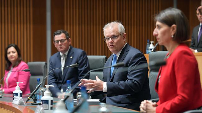 Prime Minister Scott Morrison (centre) with State Premiers Annastacia Palaszczuk (left), Daniel Andrews and Gladys Berejiklian at National Cabinet.