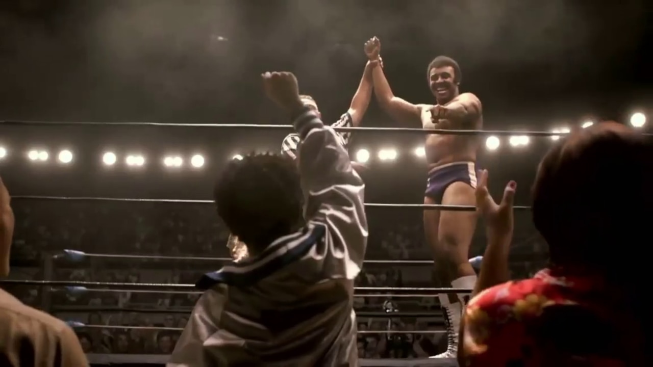 A screen grab from the trailer of Young Rock shows Rocky Johnson wrestling inside what is understood to be the Brisbane Entertainment Centre. Picture: NBC