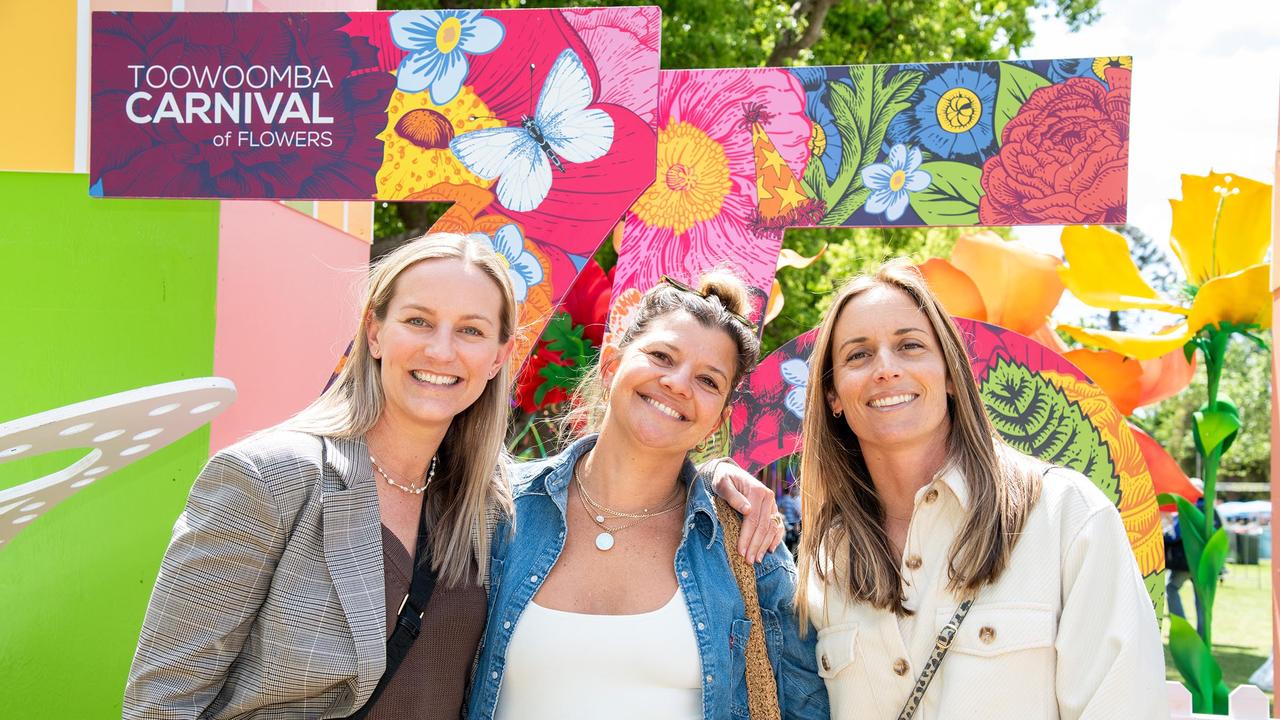 Nicole Hutchison (left), Jessica Roberts and Melissa Mackellar, Toowoomba Carnival of Flowers Festival of Food and Wine, Saturday, September 14th, 2024. Picture: Bev Lacey