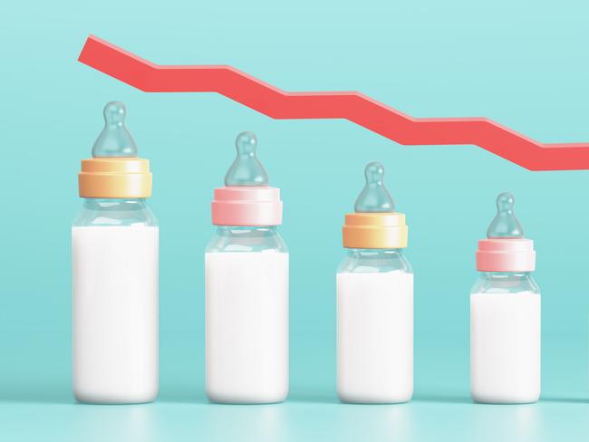 Fertility decline concept. Depopulation, demographic crisis. Baby bottles in the form of graph and down arrow. 3d illustration.