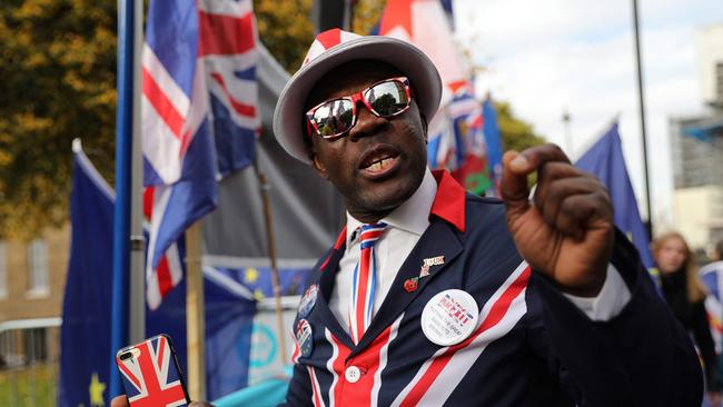 A Brexiteer outside the Houses of Parliament on Monday. Picture: AFP