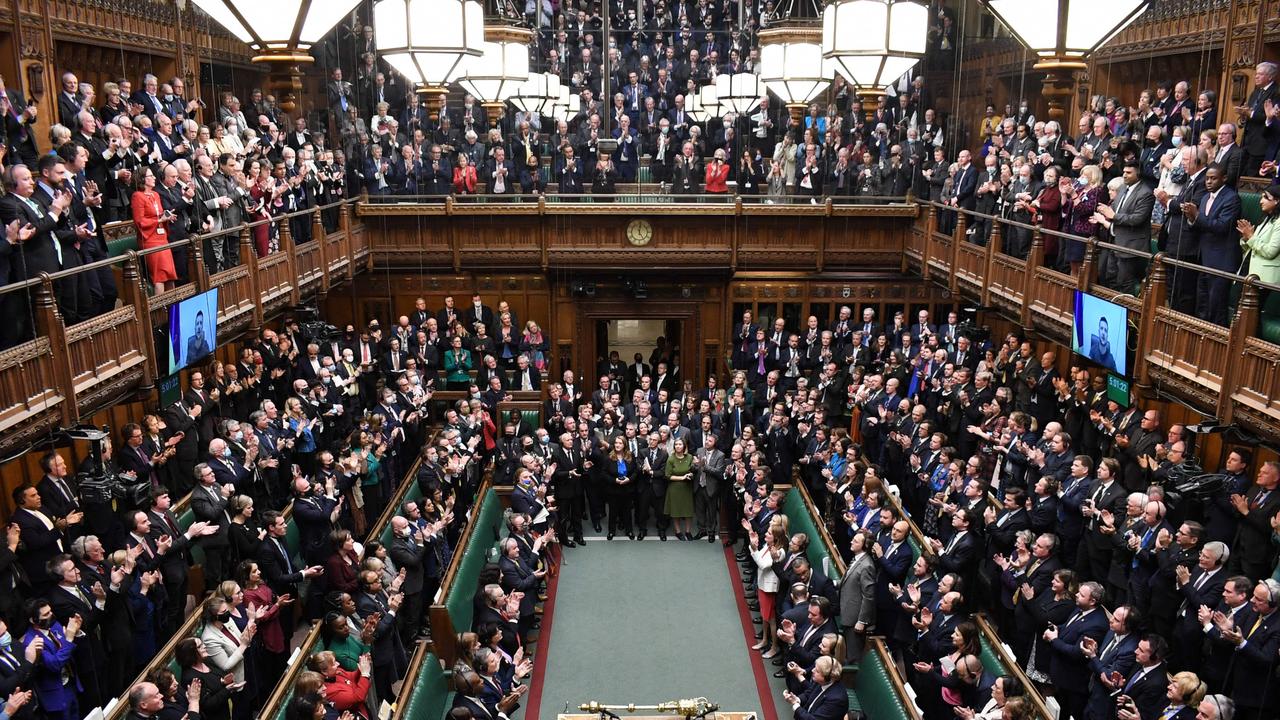 MPs in the UK Parliament giving a standing ovation to Ukraine's President Volodymyr Zelensky. Picture: Jessica Taylor/UK Parliament/AFP