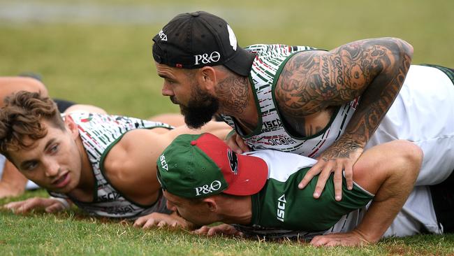 South Sydney Rabbitohs players Cameron Murray, Damien Cook and Adam Reynolds take part in a team training session. Picture: AAP Image/Dan Himbrechts