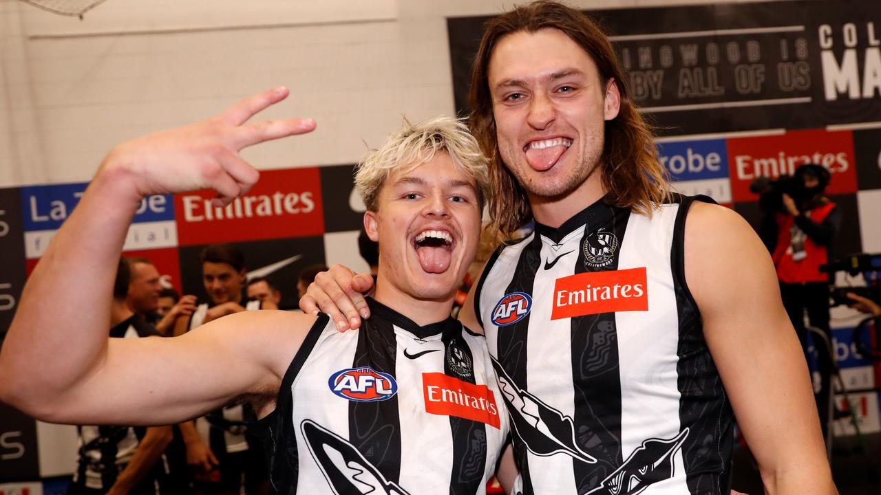 Collingwood skipper Darcy Moore and Ginnivan. (Picture: Dylan Burns/AFL Photos