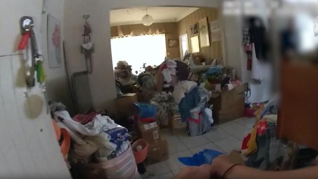 Footage captured by Queensland Police of inside the Ayr home where 56-year-old Isaac Oar was declared dead on the night of August 10, 2023 following years of severe malnourishment.