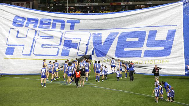 North Melbourne’s banner ahead of Brent Harvey’s record-breaking game. Picture: George Salpigtidis