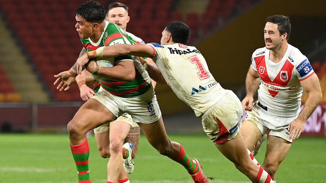 Latrell Mitchell and the Rabbitohs tackled the Dragons in the third match of a triple-header at Suncorp Stadium on Sunday. Picture: NRL Photos