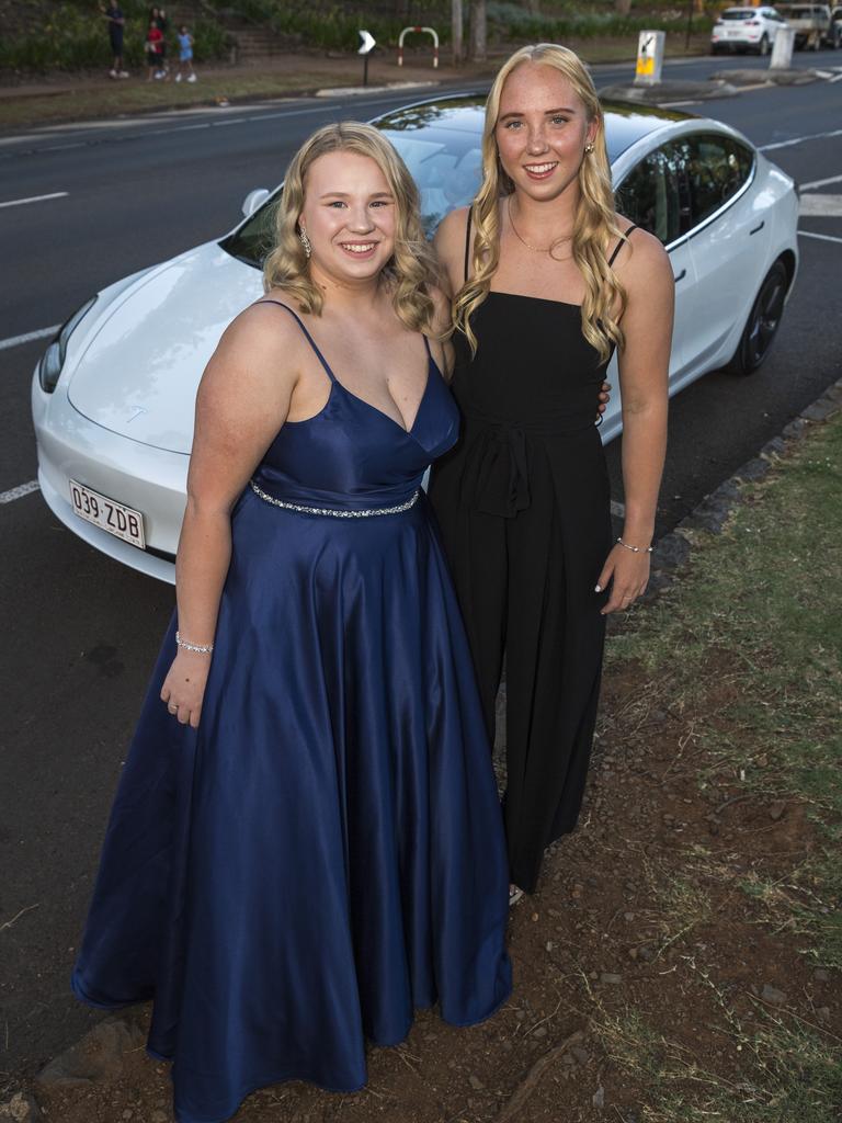 Graduate Grace Kaiser (left) with Year 11 student Nicole van Rhijn arrive at Mary MacKillop Catholic College inaugural formal at Cafe Valeta, Thursday, November 19, 2020. Picture: Kevin Farmer