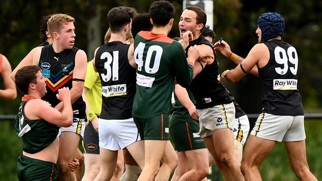 VAFA: Glen Eira and UHS-VU players get into it. Picture: Josh Chadwick