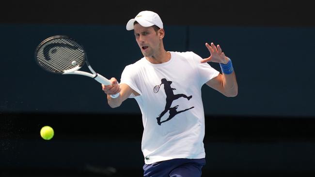 Djokovic during a practice session at Melbourne Park on Tuesday. Picture: Scott Barbour/Tennis Australia