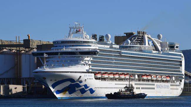 Carnival Australia’s The Ruby Princess, docked at Port Kembla. A criminal investigation will examine how it was allowed to disembark passengers with coronavirus symptoms in Sydney. Picture: AAP