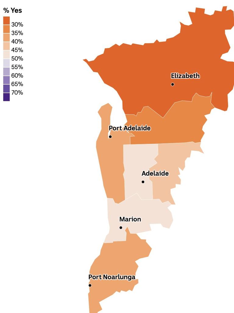 Every electorate in South Australia voted to reject the Voice to parliament, including the inner-city seats around Adelaide. Picture: ABC, AEC