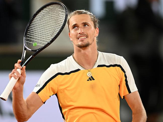 German Alexander Zverev of Germany celebrates winning match point against Holger Rune in the fourth round. Picture: Clive Mason/Getty Images