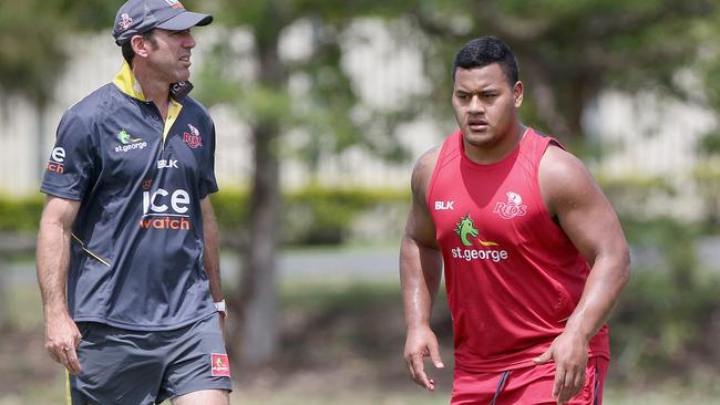 Reds coach Richard Graham and Taniela Tupou at Reds training, Ballymore. Pic Jono Searle.