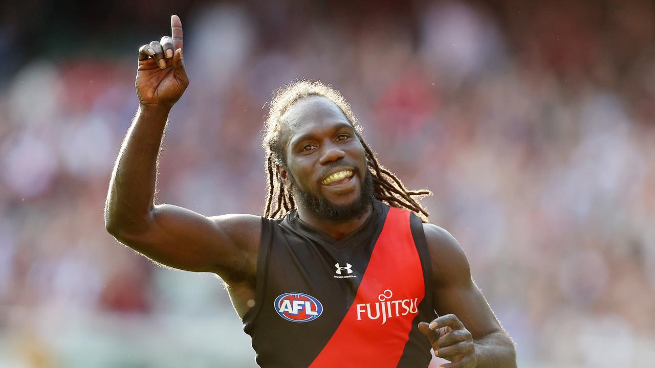 AFL Round 7. 02/05/2021. Essendon vs Carlton at the MCG, Melbourne. Anthony McDonald-Tipungwuti of the Bombers celebrates his 2nd goal during the 1st qtr. . Pic: Michael Klein