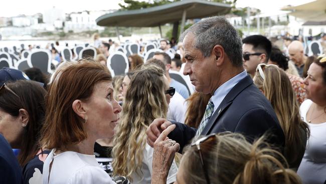 Israeli ambassador Amir Maimon speaking with people as Jewish family and friends of hostages held by Hamas holding an event at Bondi Beach. Picture: Jonathan Ng