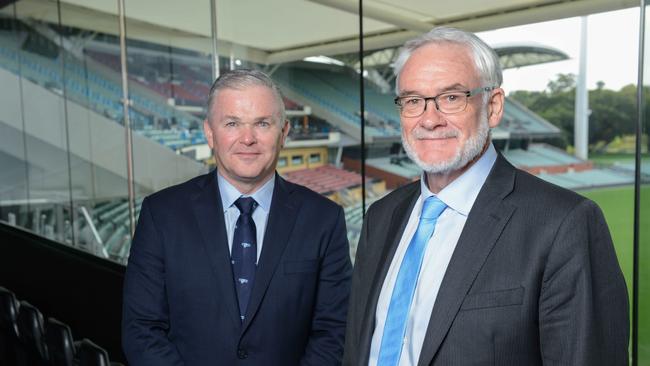 Santos CEO Kevin Gallagher and chairman Keith Spence at the Santos AGM at Adelaide Oval, Thursday, May 2, 2019. Picture: AAP/Brenton Edwards