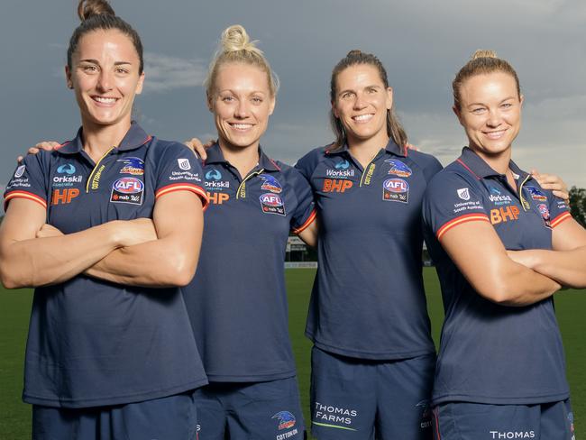 Erin Phillips, and Chelsea Randall have been announced as the Adelaide Crows AFLW team captains along with Ang Foley (left), and Courtney Cramey (right) in the leadership group at TIO Stadium.