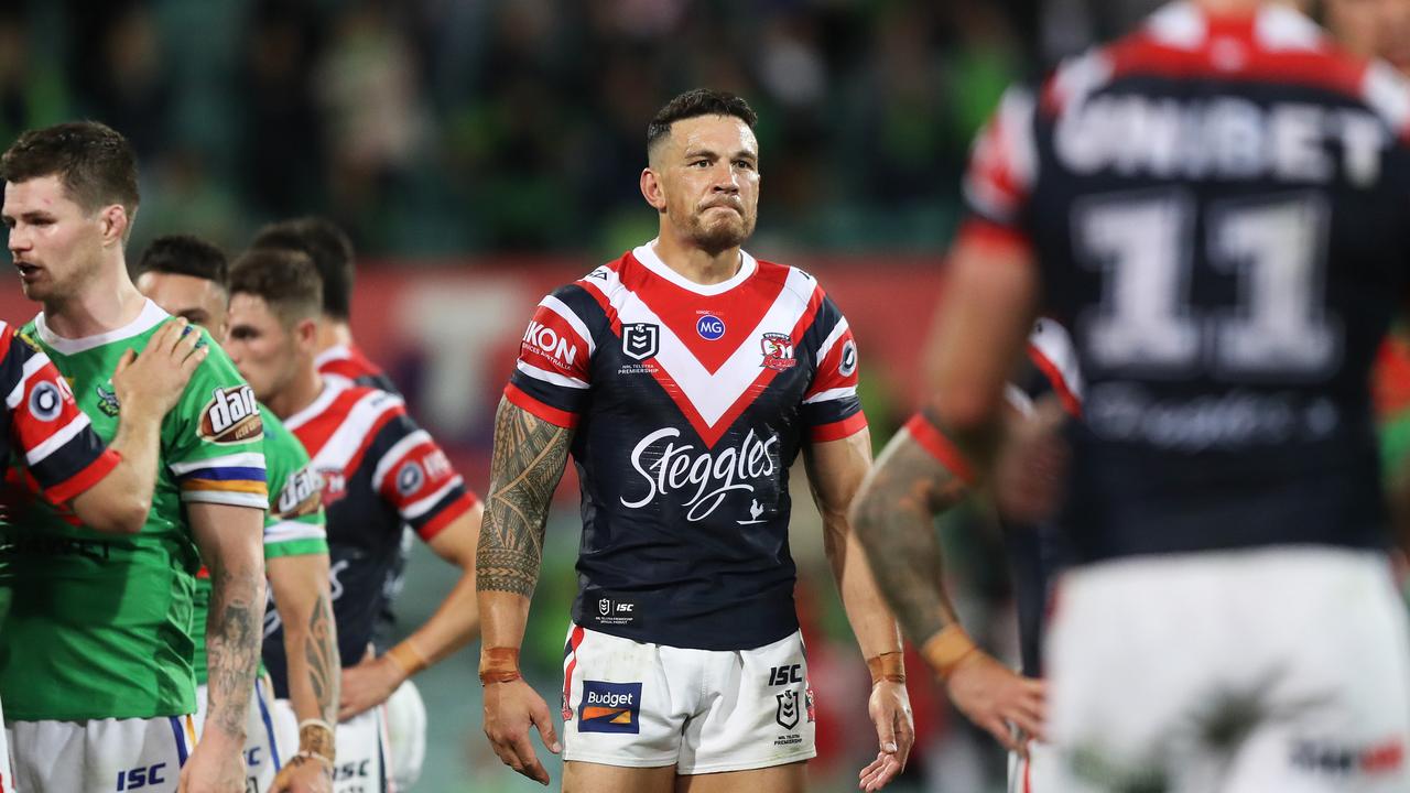 A dejected Sonny Bill Williams looks on after the Roosters’ loss to the Canberra Raiders