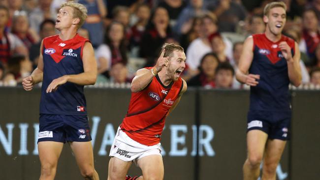 Devon Smith kicks one of Essendon’s 20 goals against the Demons. Picture: Michael Klein