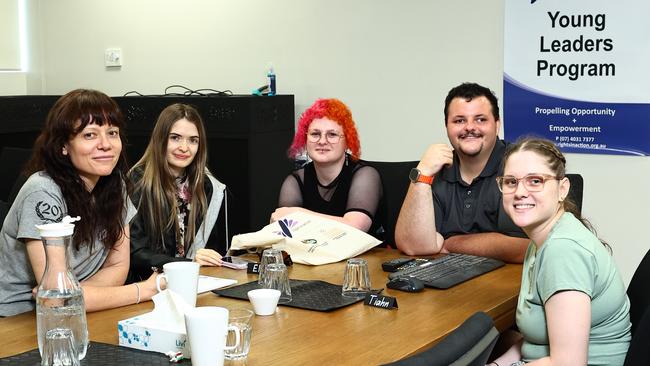 Disability advocacy group Right in Action have launched their Young Leaders Program, which empowers young people aged 18 to 26 living with a disability and gives them the assistance and skills to succeed. Young Leaders program facilitator Rozanne Doyle meets with program participants Elina Passant, Gotham Stevens, Julian Visintin and Tiahn Davis on the first day of the six month program. Picture: Brendan Radke