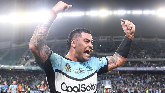 Andrew Fifita celebrates Cronulla’s victory over Penrith. Picture: Getty Images