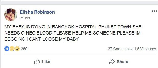 Elisha Robinson made an emotion plea for help to save her daughter who is sick in Phuket.